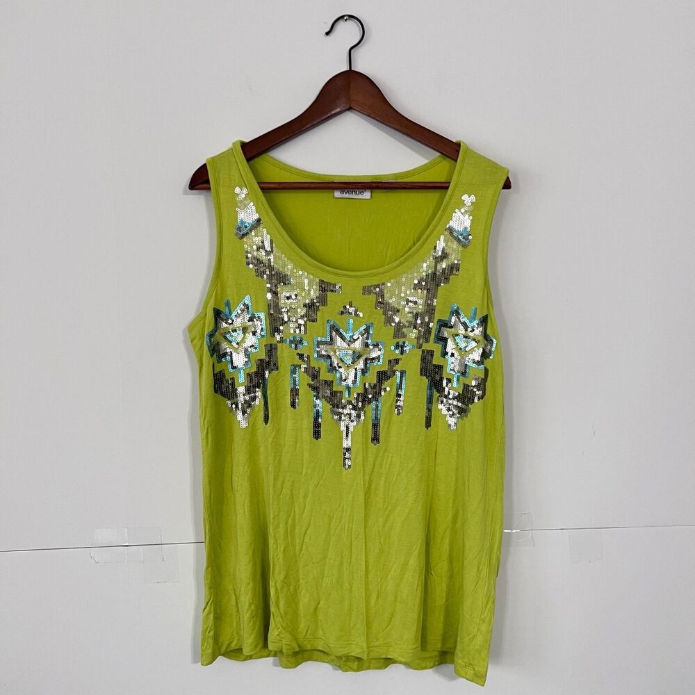 Avenue Womens Tank Top T-Shirt Size 14/16 Lime Green Sequin Tribal Aztec